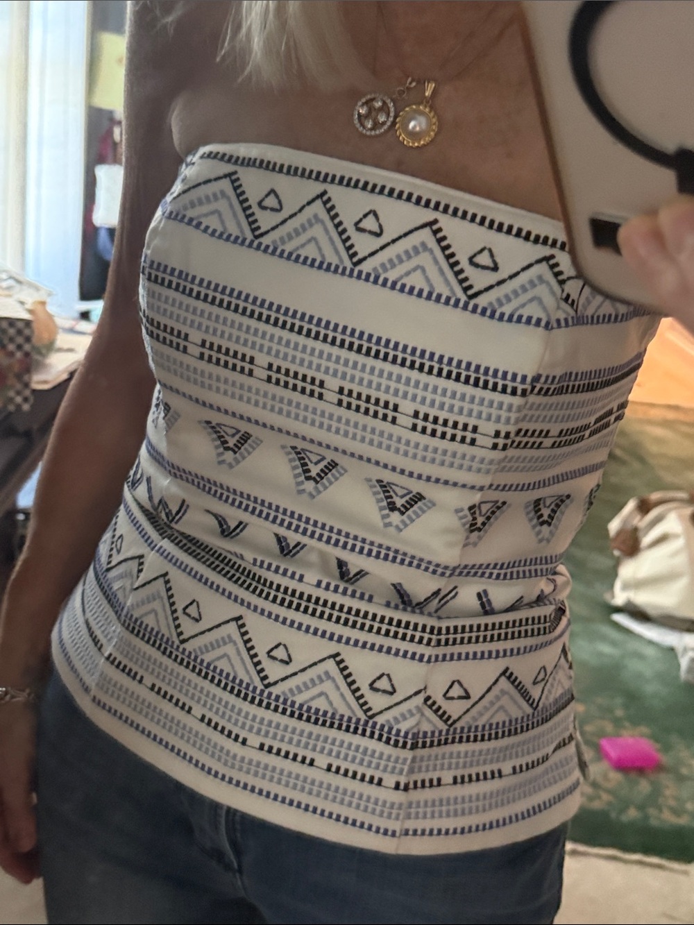 Strapless White back zip halter top with Blue Geometric Print embroidery